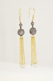 14K Vermeil Gold Tassel Earrings with Black Pave Balls