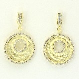 Sterling Silver Matte Gold Overlay Textured Circle with Pave CZ Dangle Earrings