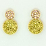 Petite Two Tier Round Pave Disc Pink & Canary in Gold Finish Drop Earring