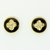 Black Enamel Clover Crystal Stud Earrings - Gold